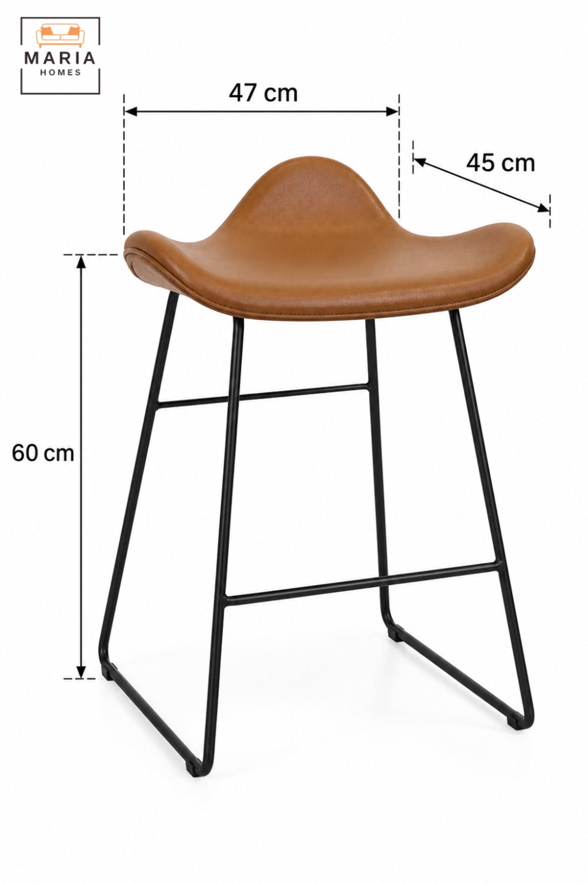 Modern High Bar Chair with Curved Padded Seat, Low Back Support & Slim Black Frame | Orange Upholstered Kitchen Counter and Café Chair 60x47x45 cm