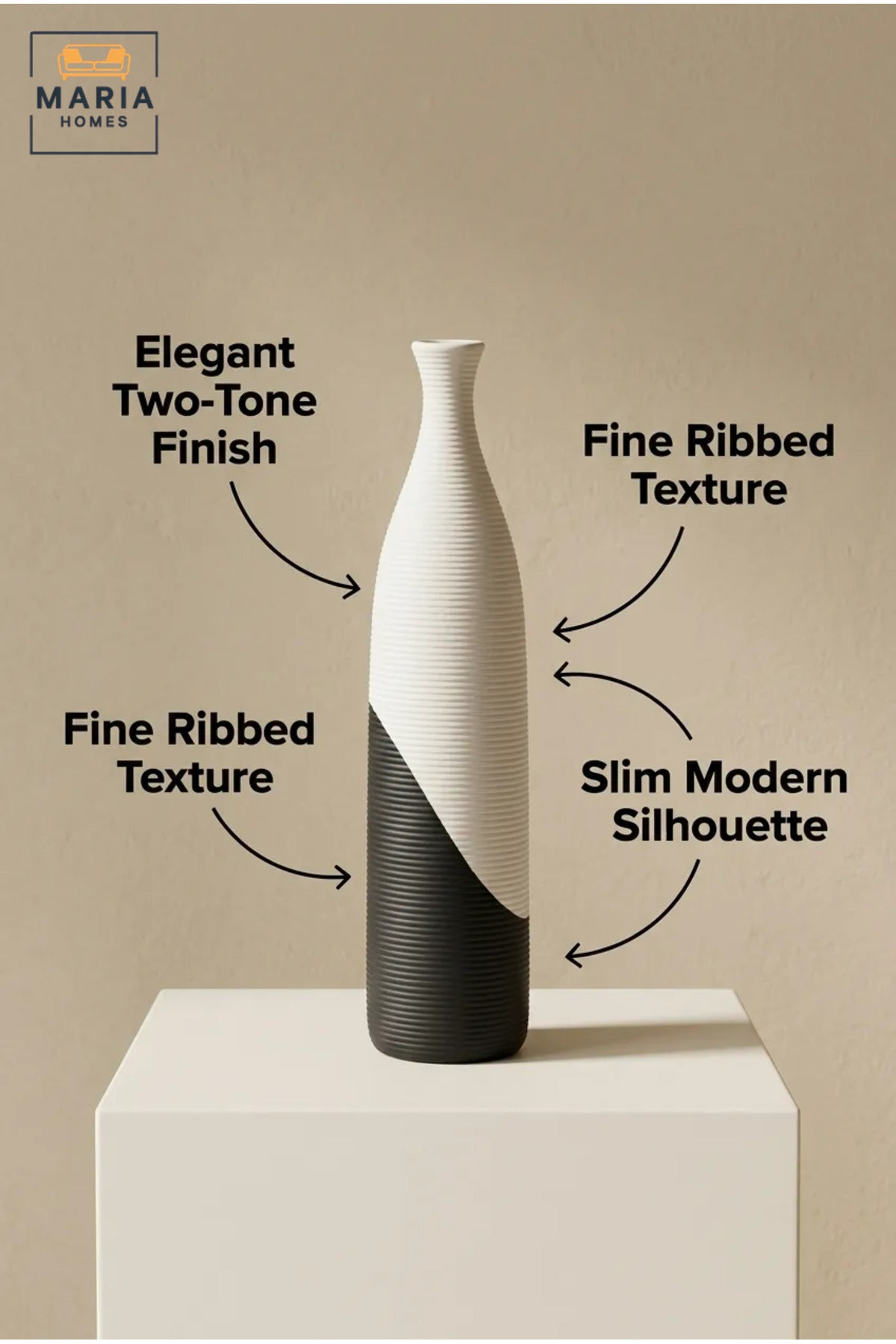 Modern Ceramic Decorative Vase with Black & White Finish, Tall Flower Vase for Living Room, Dining Table, Shelf & Home Décor