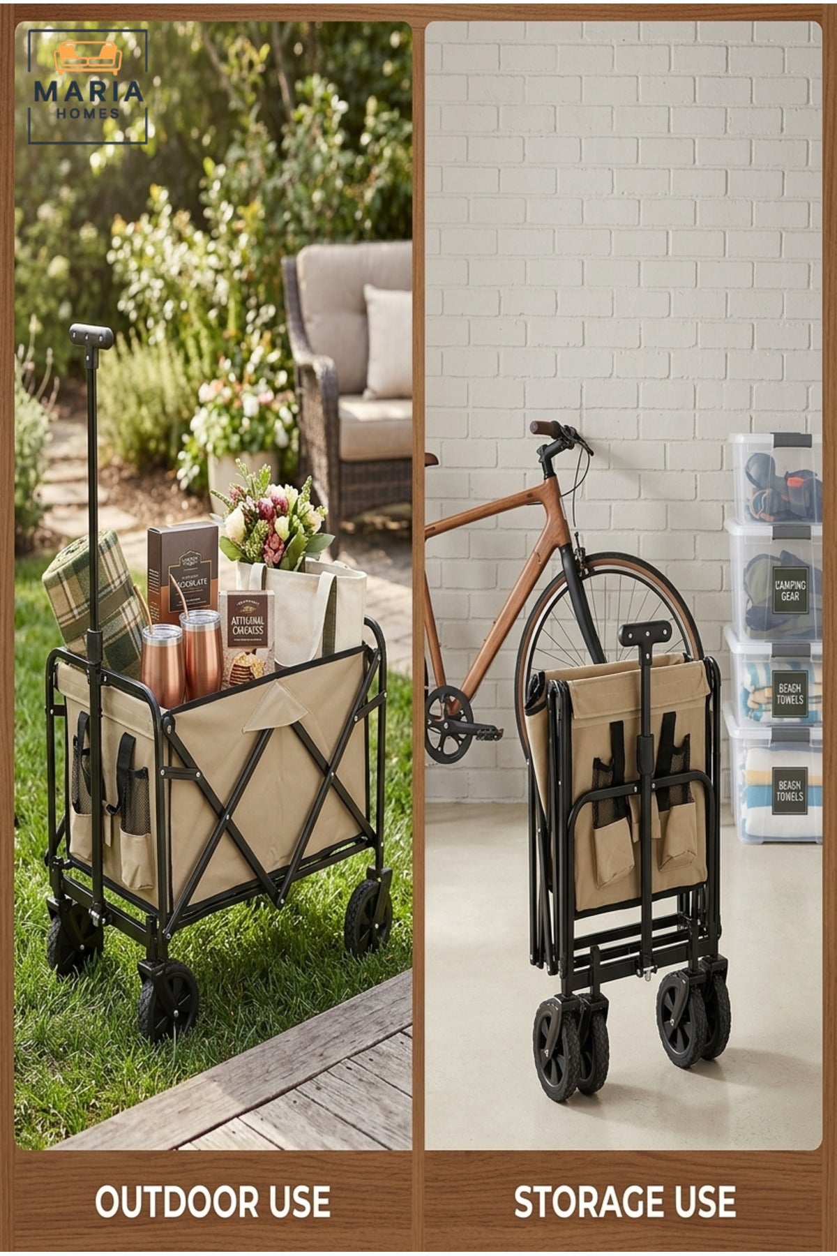 Foldable Utility Wagon with Pull Handle, Fabric Storage Basket and Four Wheels, Collapsible Shopping Cart for Camping, Picnics, Garden and Travel