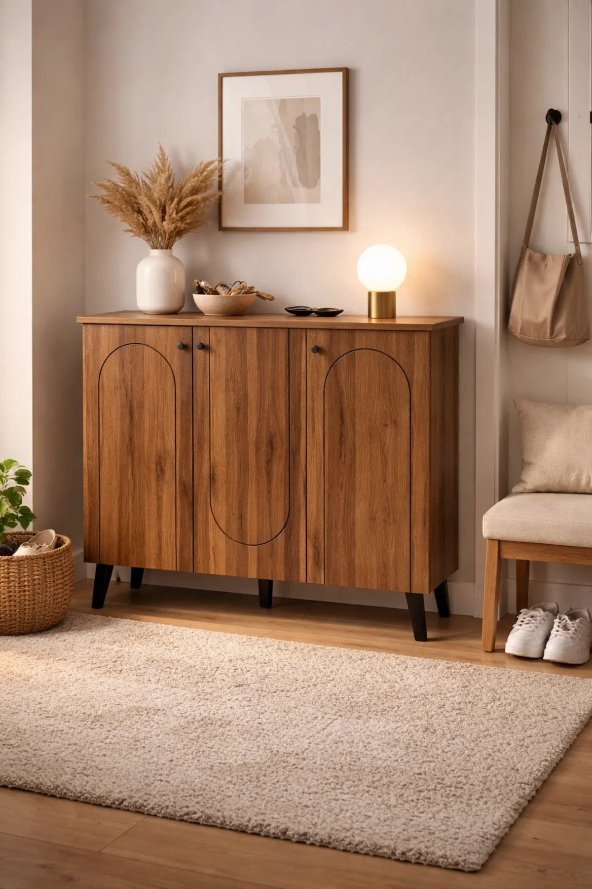 Dark Brown Wooden Shoe Cabinet with 3 Doors 120 x 32 x 94 cm
