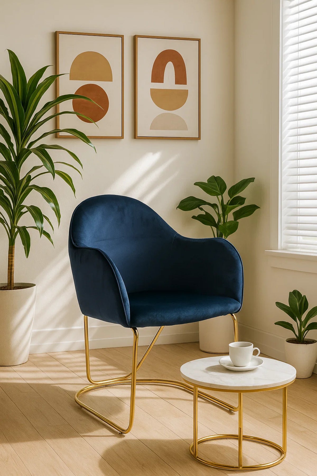 Luxury Velvet Accent Chair with Gold Metal Legs, Modern Navy Blue Upholstered Dining & Office Chair