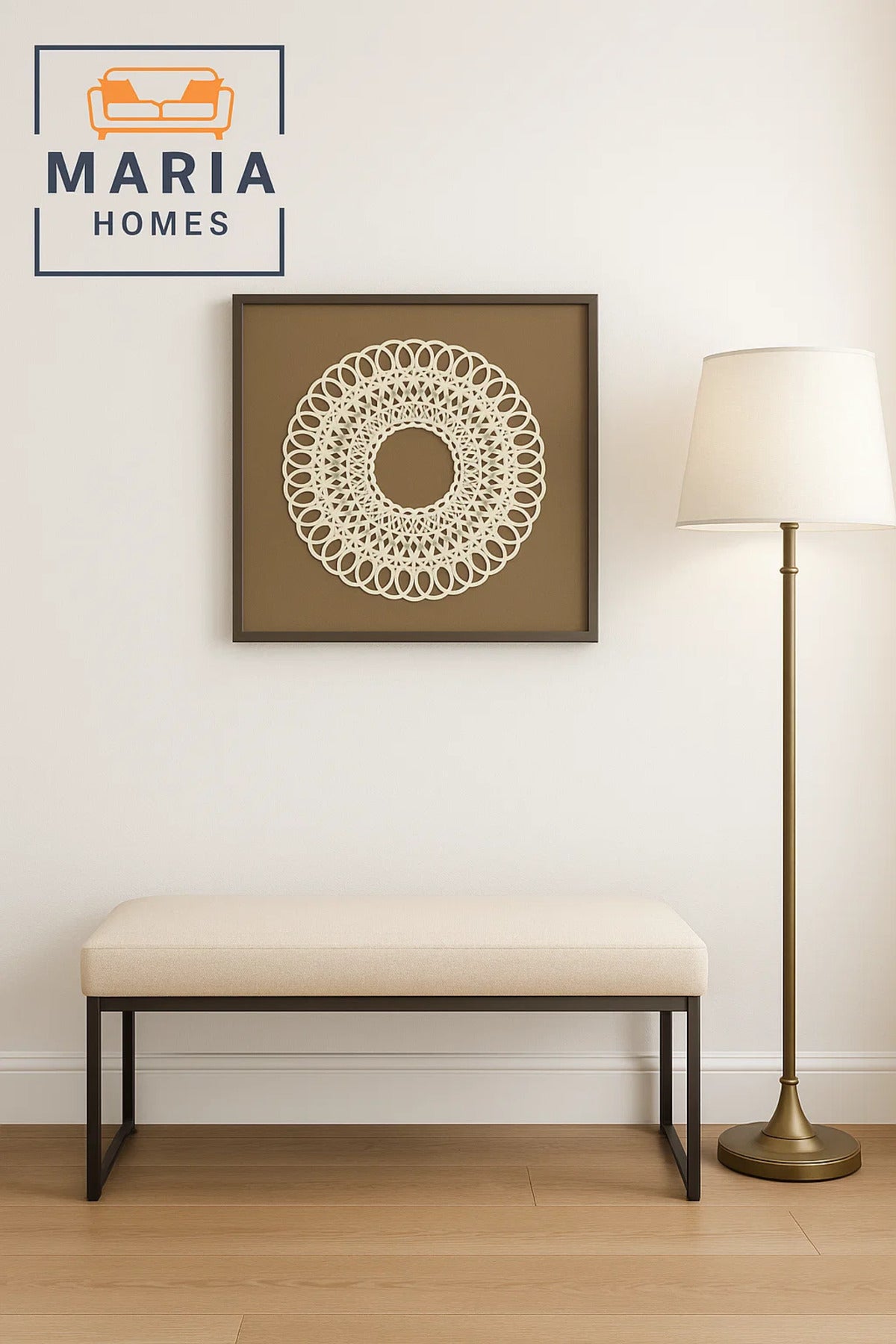 Framed Mandala Wall Art with White Lace Pattern on Brown Canvas-size 90*90*3 CM