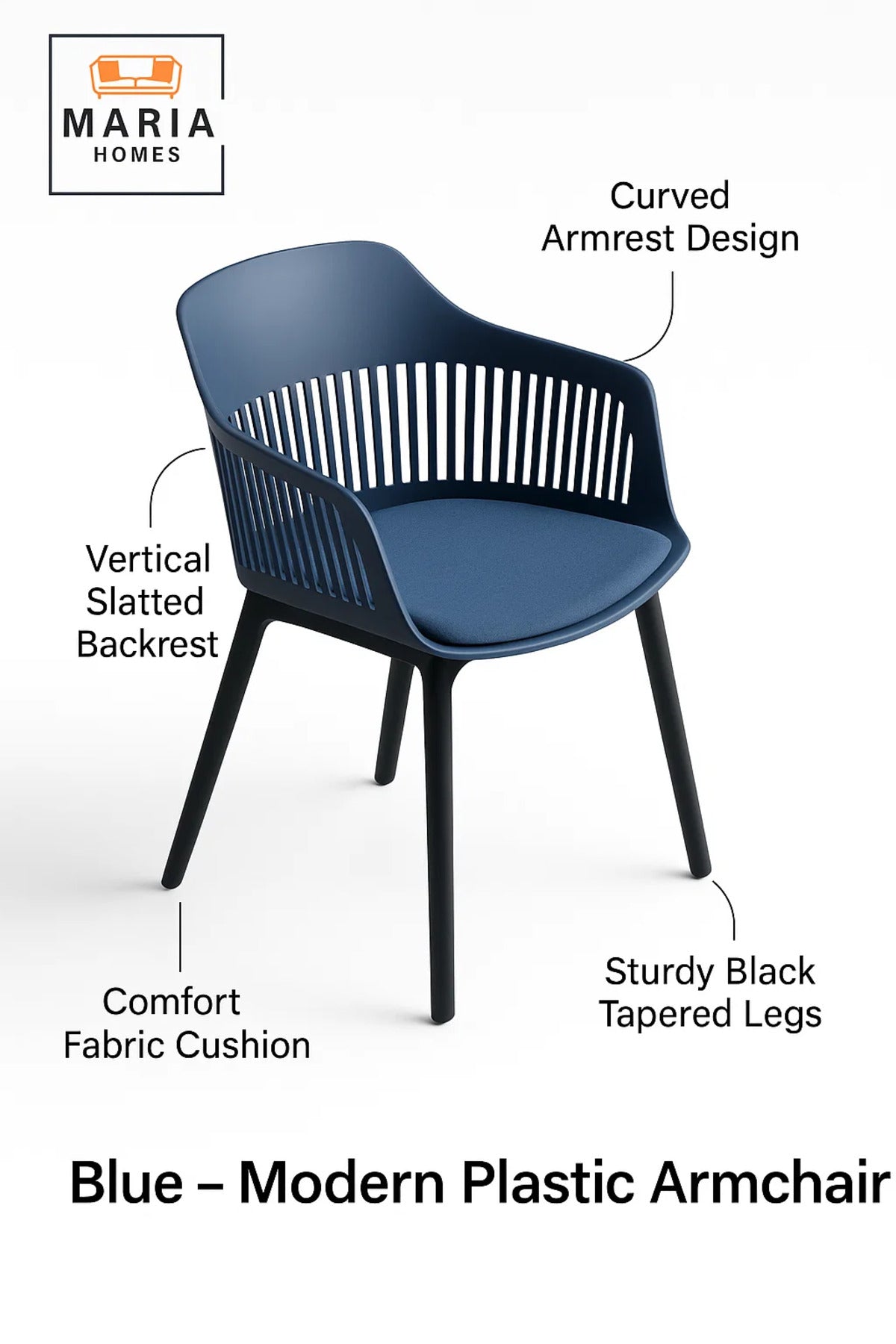 Blue Plastic Armchair with Black Legs Modern Ventilated Backrest Chair for Indoor & Outdoor Seating