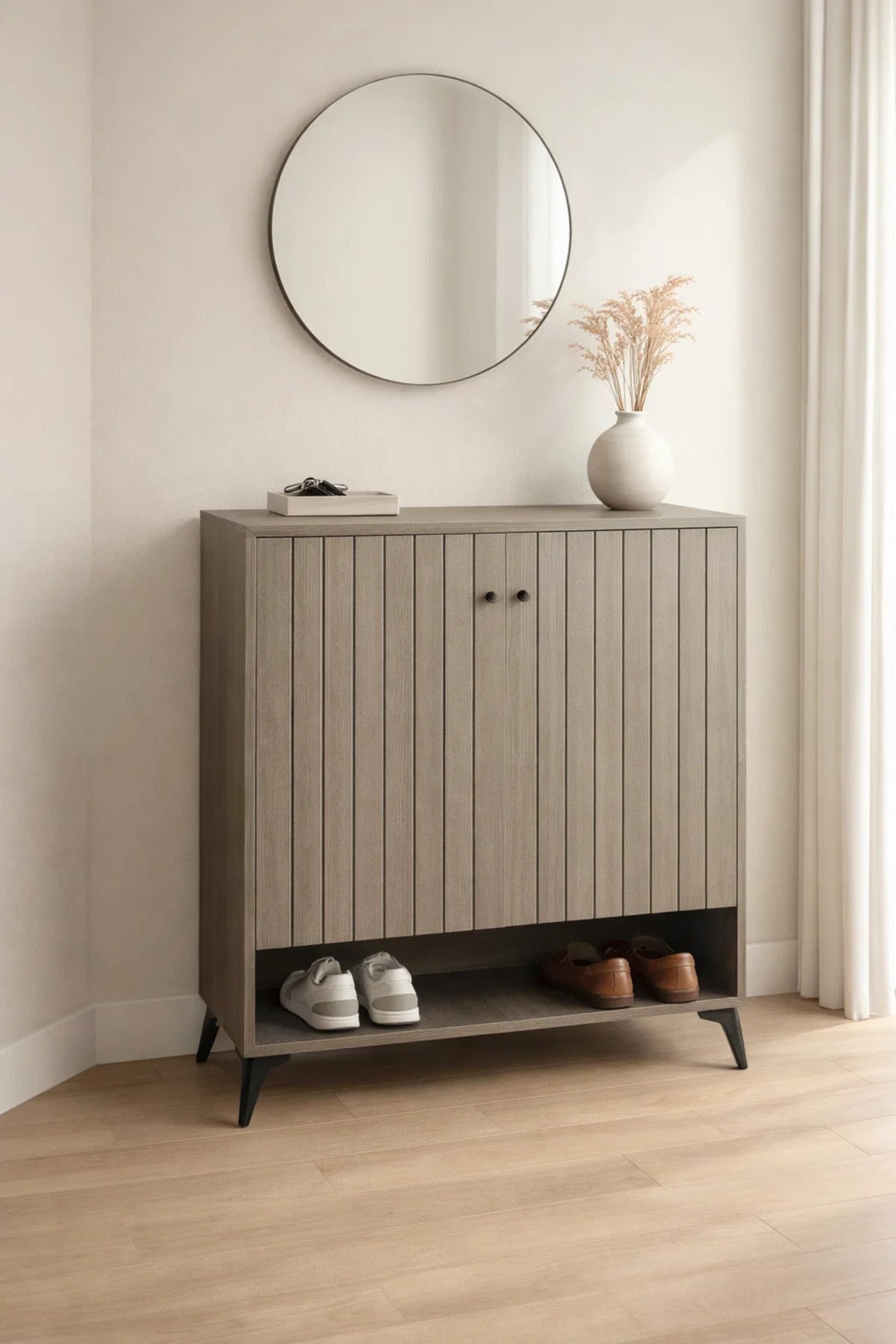 Elegant Grey Shoe Storage Cabinet with Vertical Slat Design and Bottom Shelf for Hallway Decor