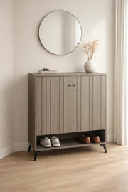 Elegant Grey Shoe Storage Cabinet with Vertical Slat Design and Bottom Shelf for Hallway Decor