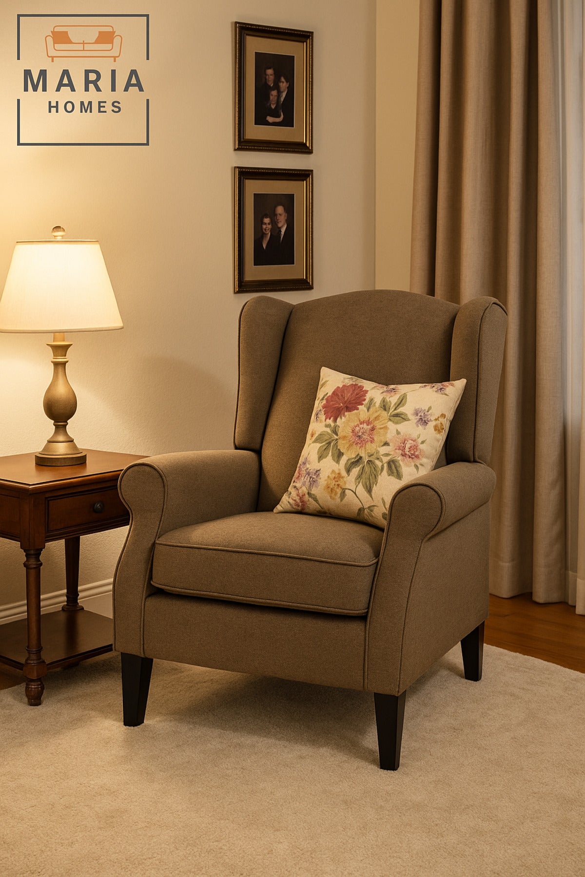 Light Brown Wingback Armchair Ð Classic Accent Chair with Cushioned Seat