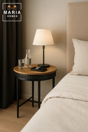 Round Wooden Side Table with Ribbed Black Edge and Cross-Leg Support