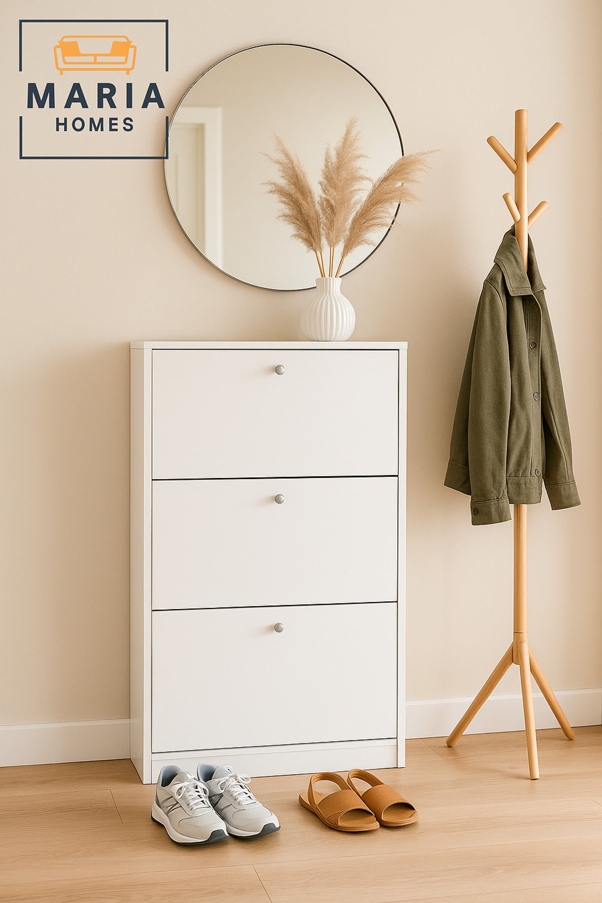 White Shoe Cabinet Ð 3 Tier Slim Storage Organizer for Entryway 62_25_120 cm