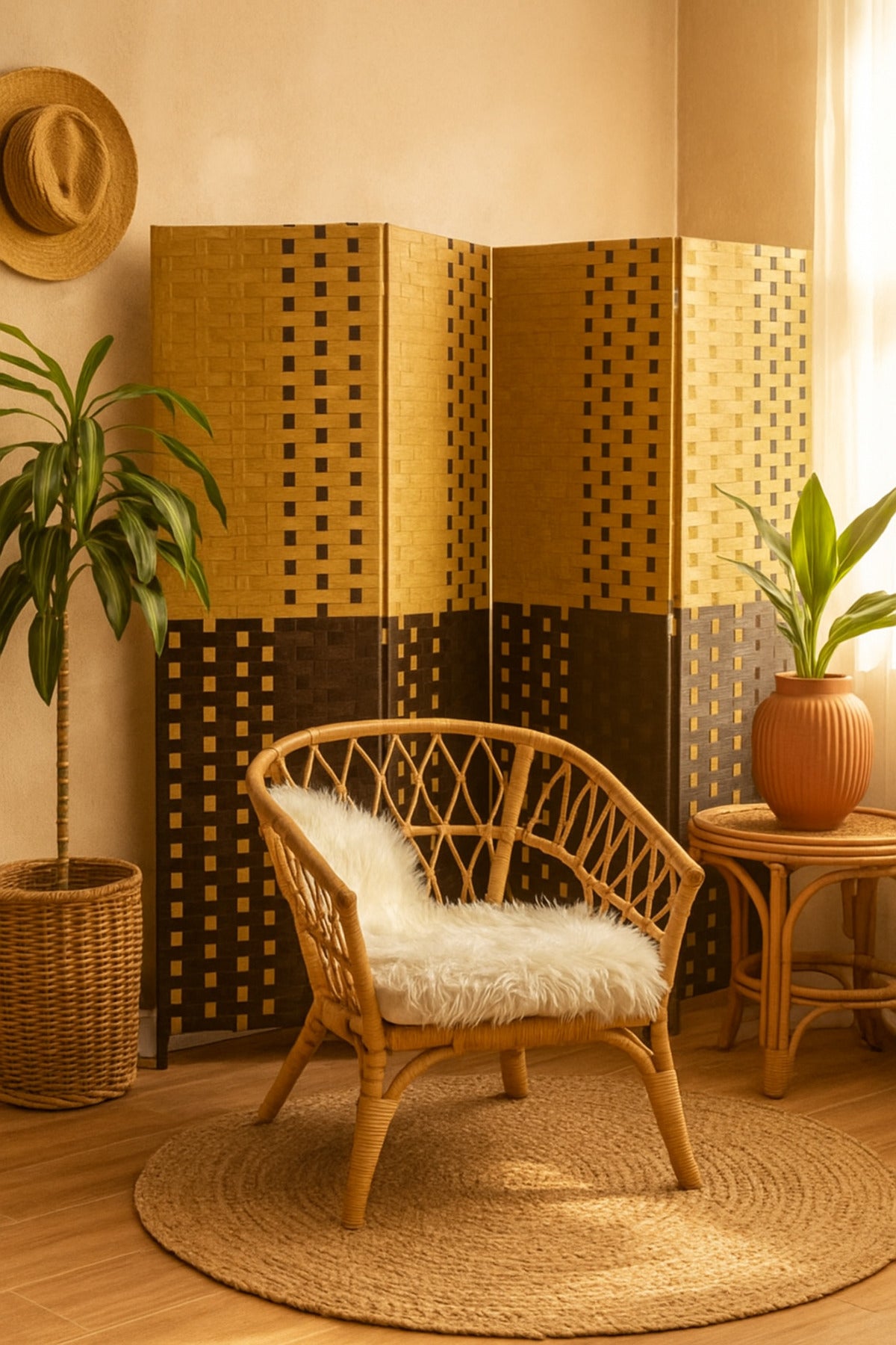 4-Panel Woven Room Divider Ð 180_200 cm Foldable Privacy Screen in Two-Tone Brown & Beige