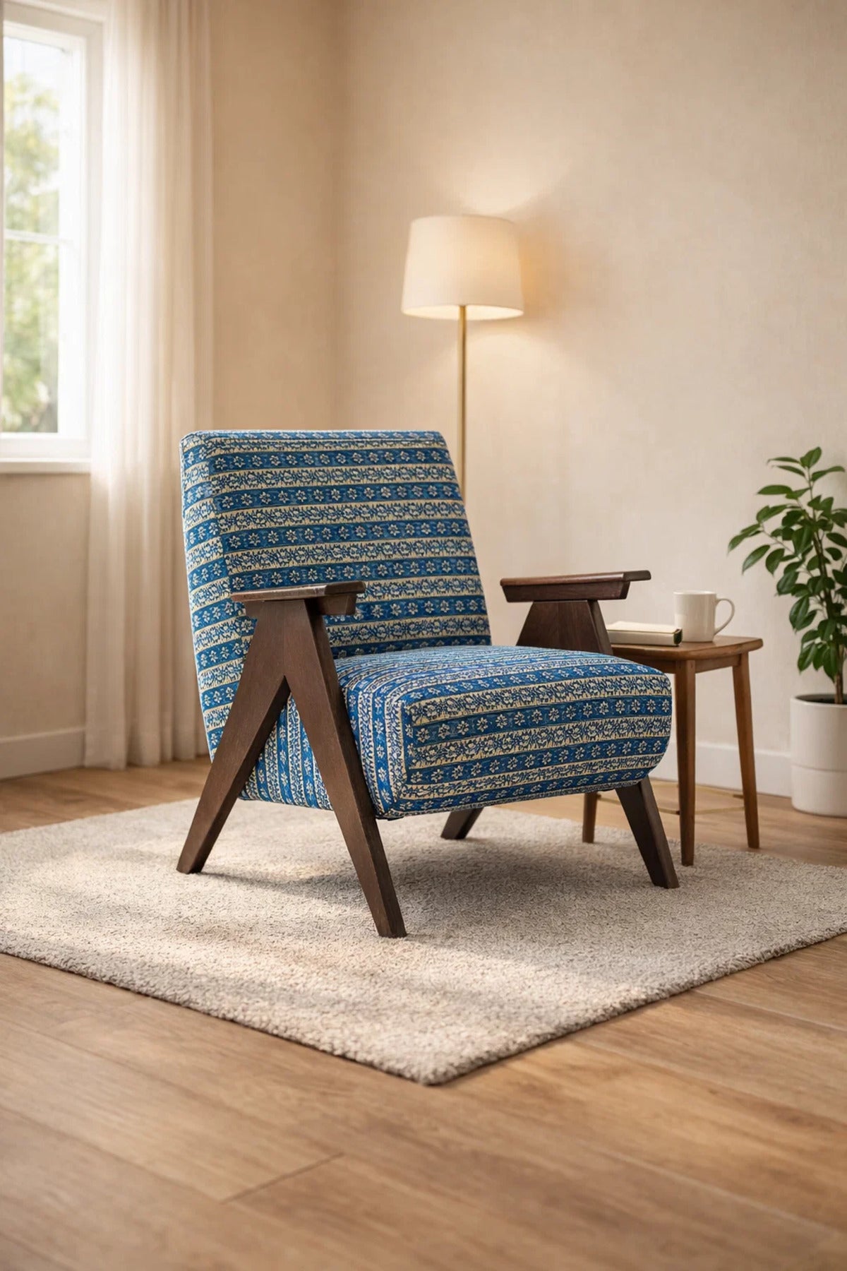 Mid-Century Modern Blue Geometric Accent Chair Wood Frame Armchair for Living Room Bedroom Lounge