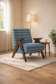 Mid-Century Modern Blue Geometric Accent Chair Wood Frame Armchair for Living Room Bedroom Lounge