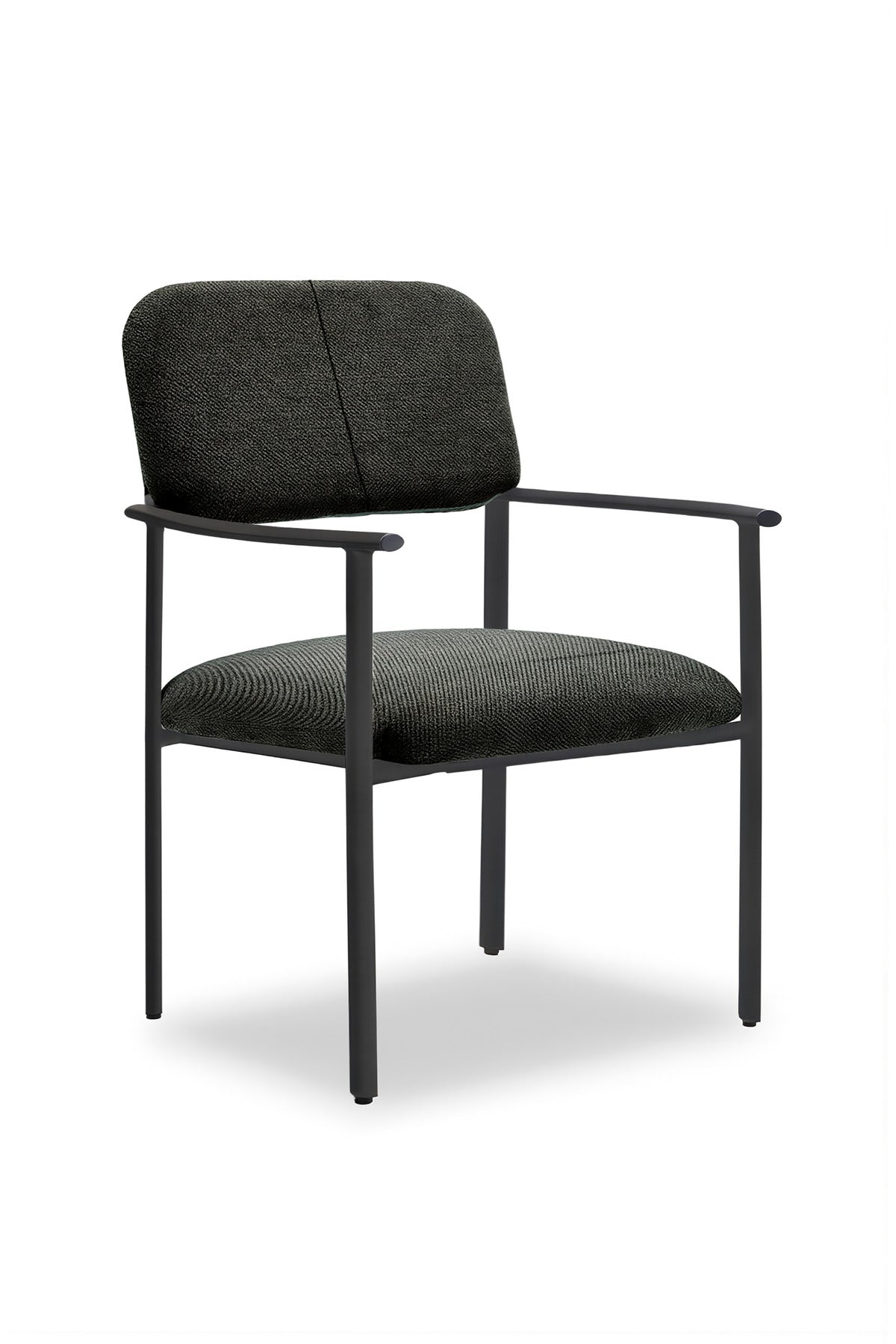 Modern Dark Grey Upholstered Dining Chair with Arms Black Metal Base for Home Office Decor
