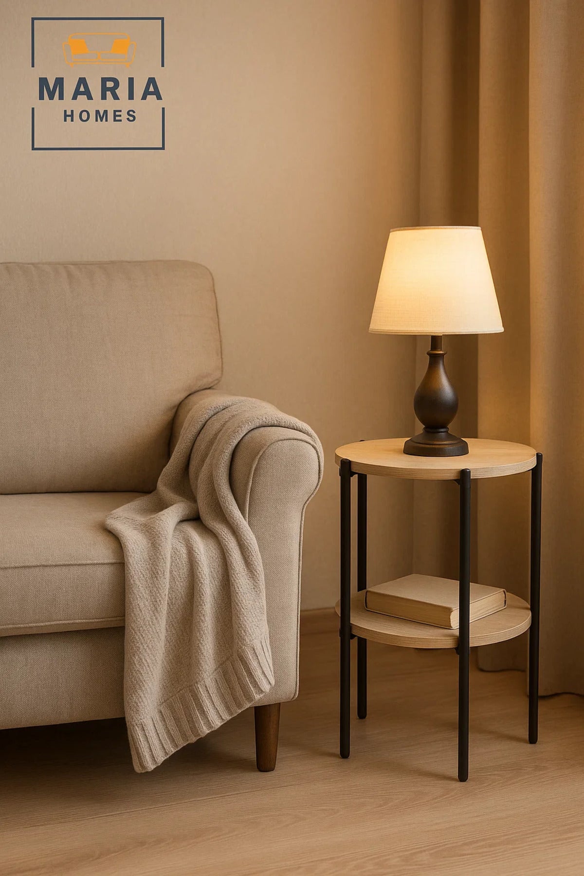 Modern Light Wood Side Table √ê Round Coffee Table with Rattan Storage Shelf 40_40_55 cm