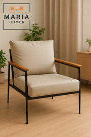 Beige Faux Leather Armchair Ð Modern Lounge Chair with Black Metal Frame and Wooden Armrests