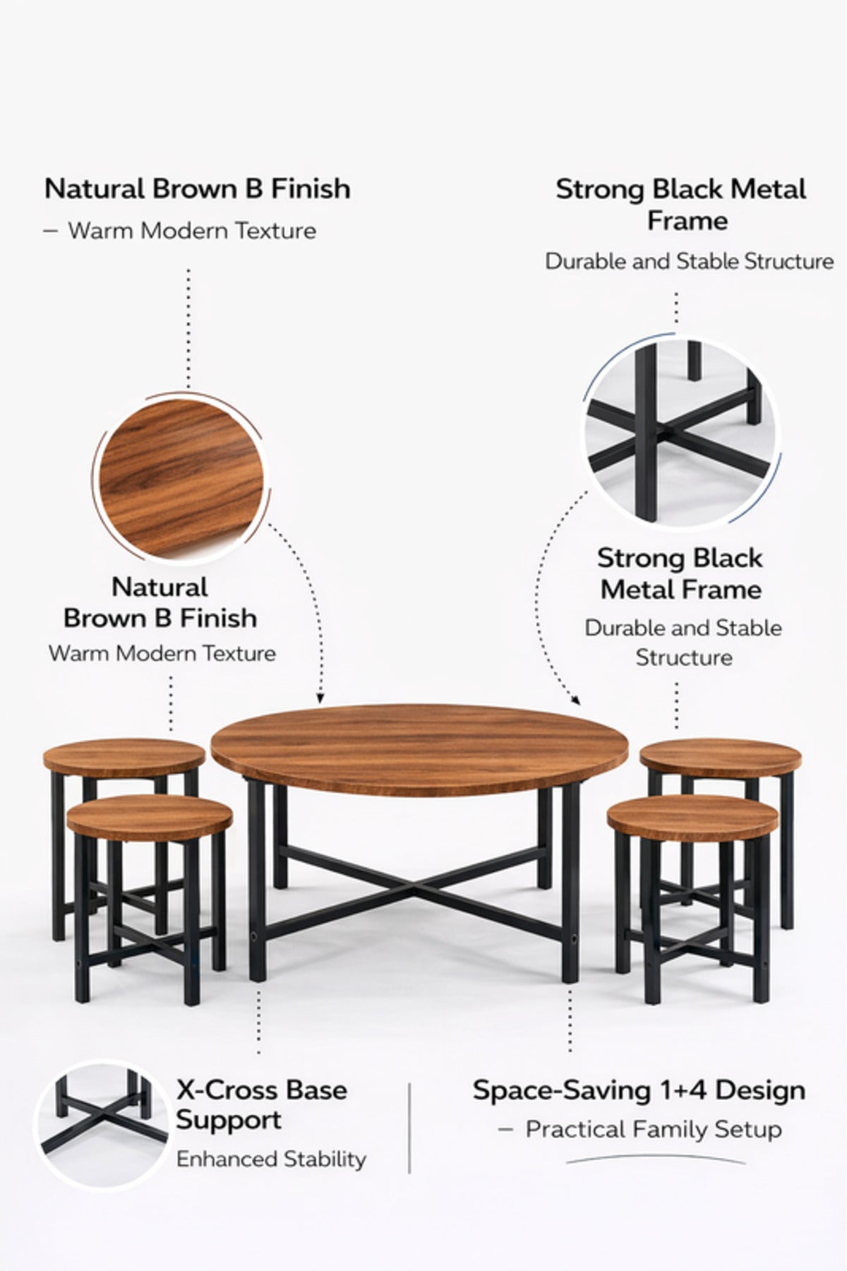Rustic 5-Piece Round Nesting Coffee Table Set Industrial Wood Top Metal Legs Living Room Home