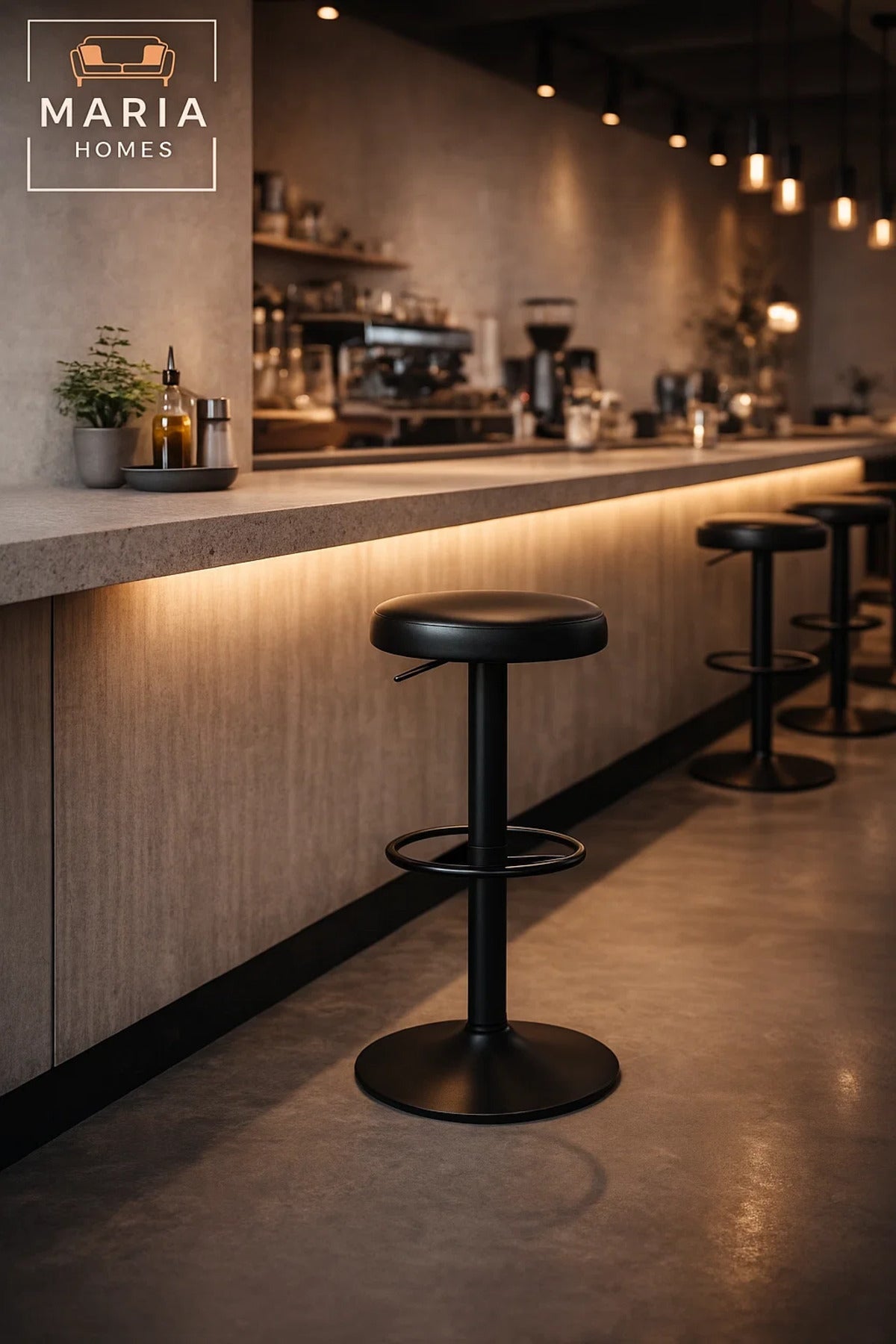 Modern Adjustable Bar Stool Black Padded Seat with Footrest