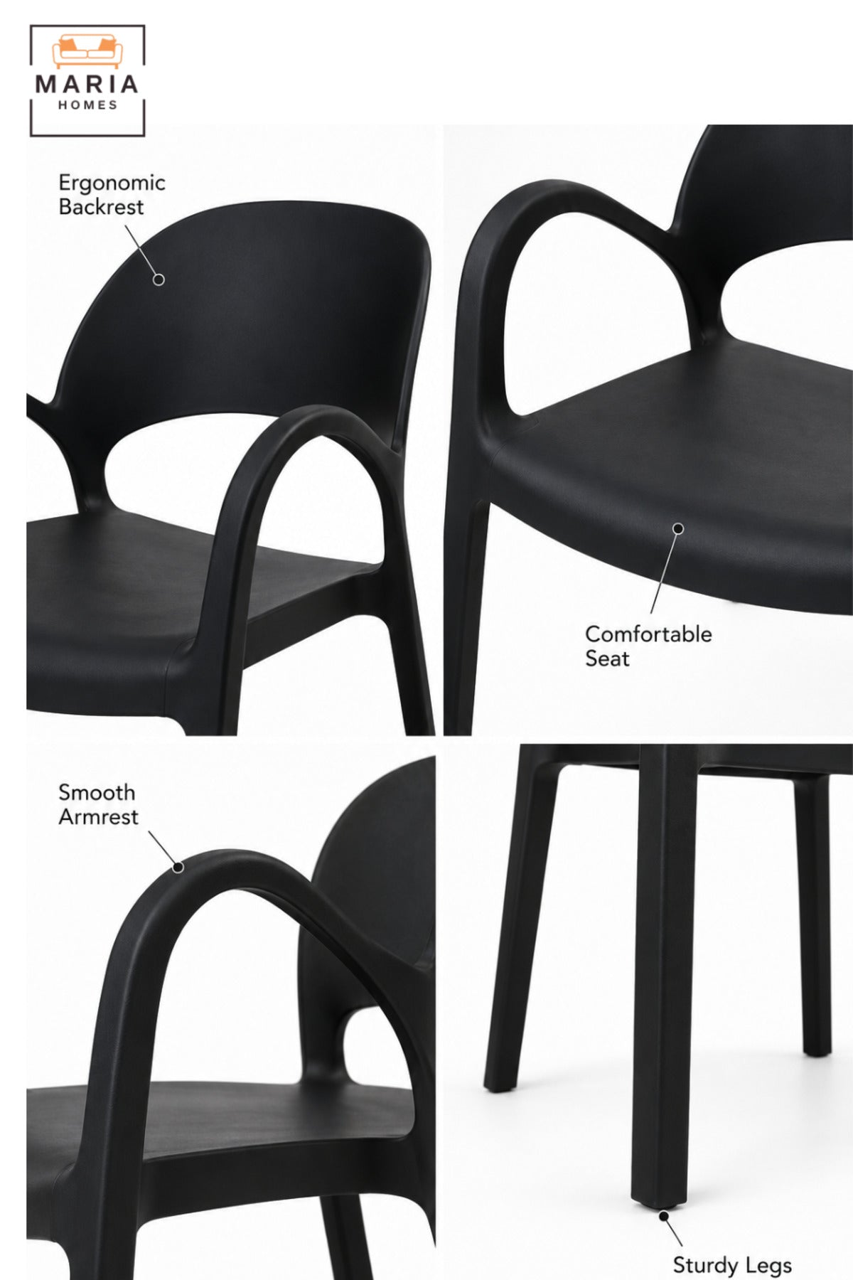 Modern Black Garden Chair with Armrests, Curved Open Backrest and Contemporary Lightweight Design for Patio, Balcony, Terrace, Café & Outdoor Seating