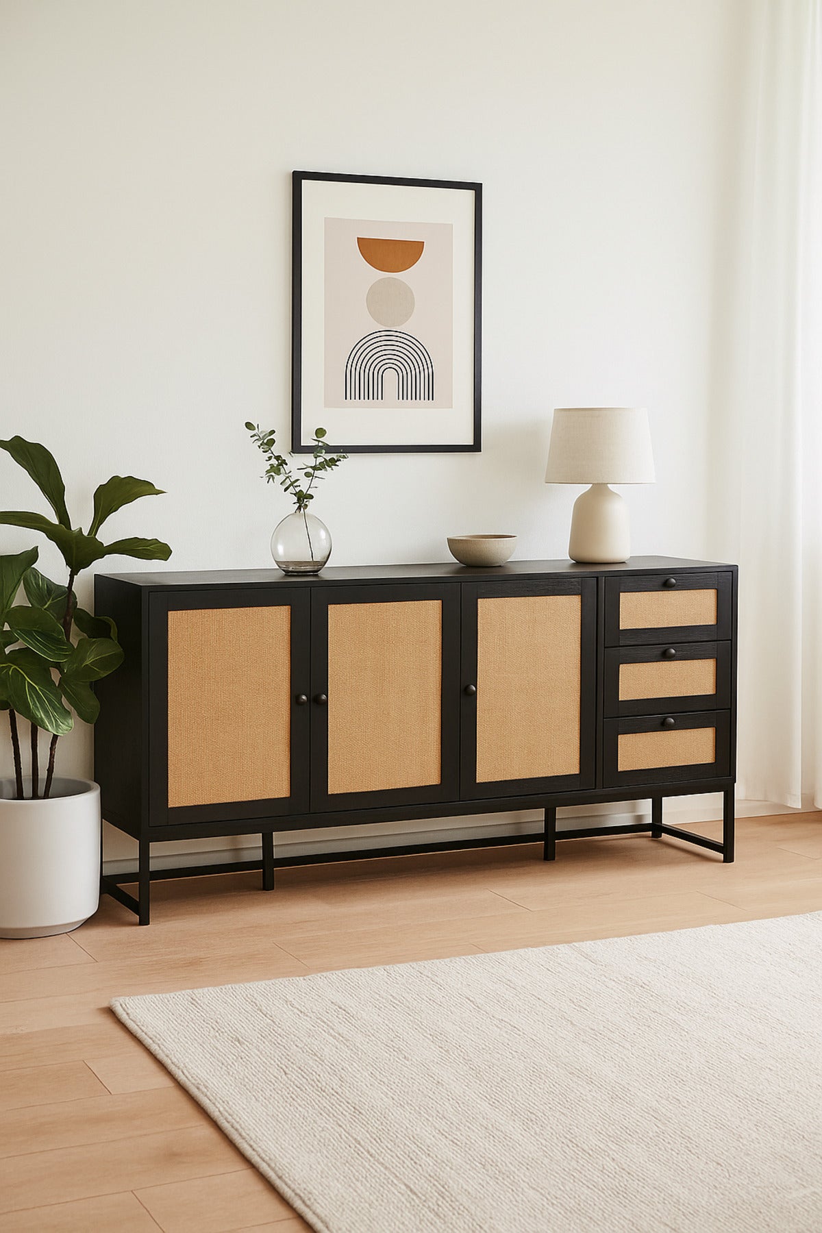 Black Rattan Console Table 160_40_85 cm Ð Modern Wooden 4-Door Storage Cabinet with 3 Drawers