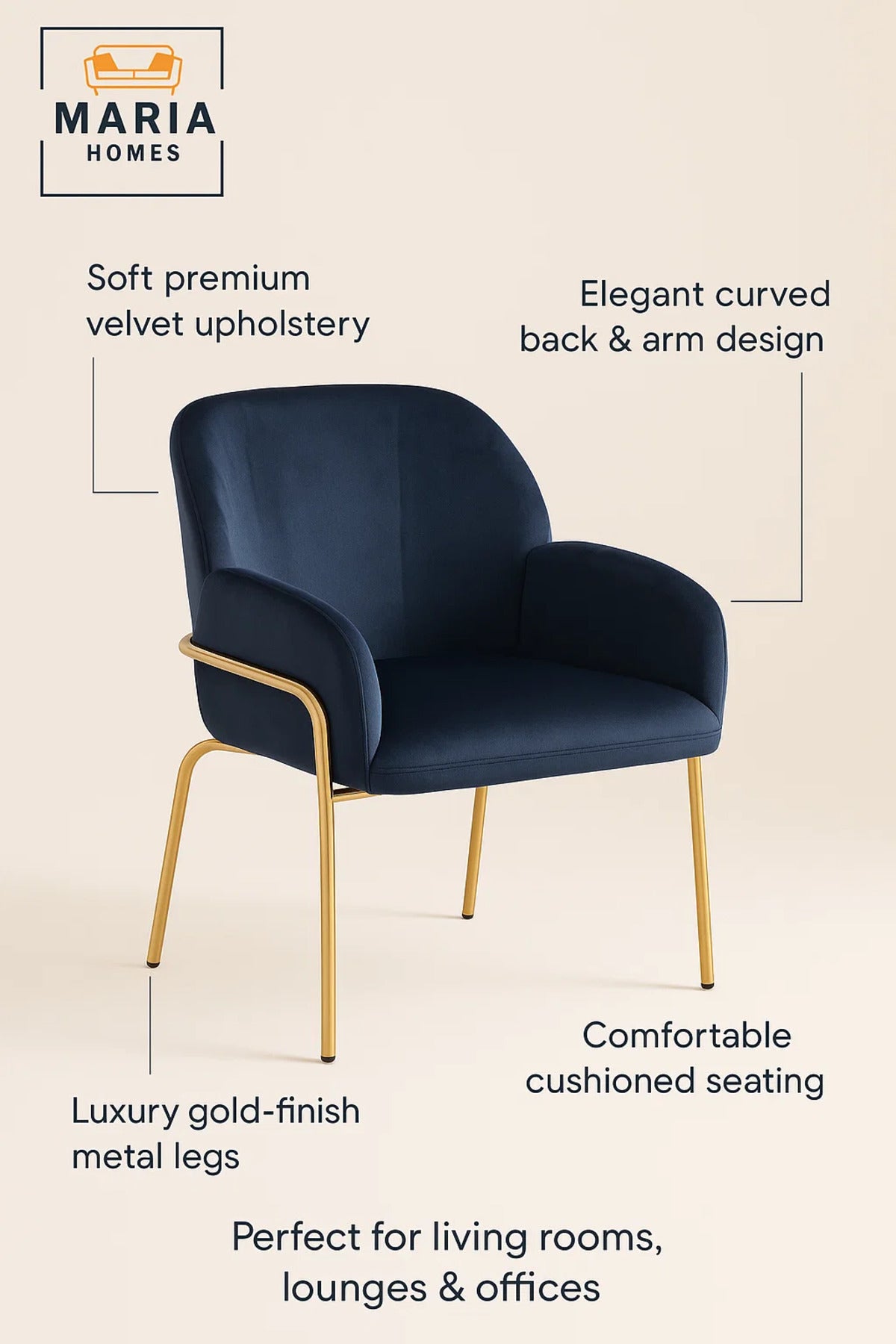 Luxury Navy Blue Velvet Dining Chair with Armrests & Gold Metal Legs, Modern Accent Chair for Home