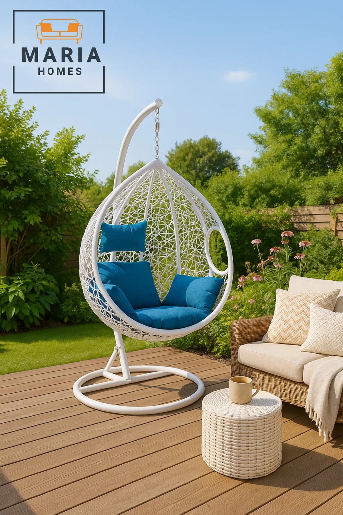White Hanging Swing Chair with Blue Cushion and Steel Stand for Balcony Garden Patio