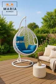 White Hanging Swing Chair with Blue Cushion and Steel Stand for Balcony Garden Patio