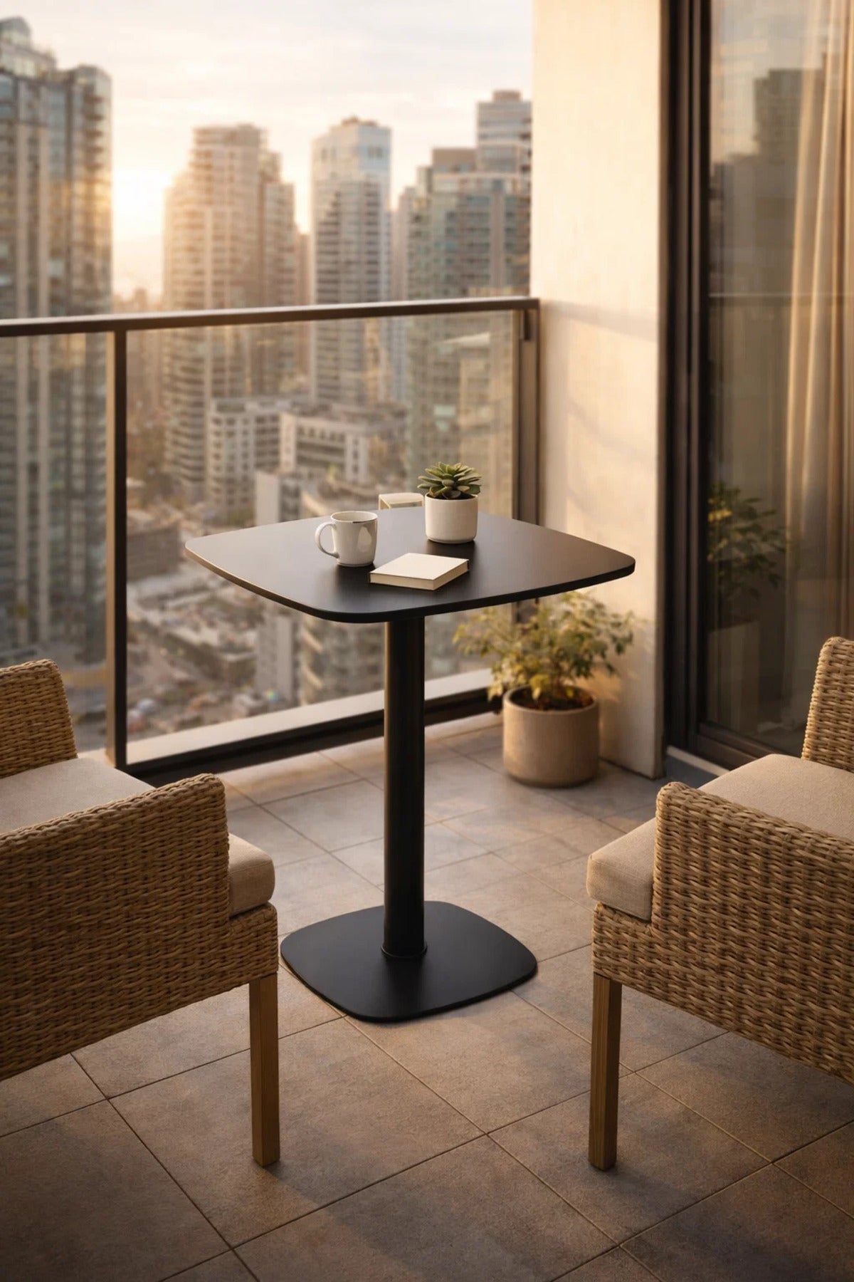 Modern Black Square Bistro Table 70cm Wood Top Metal Pedestal Base for Cafe Kitchen Dining Room