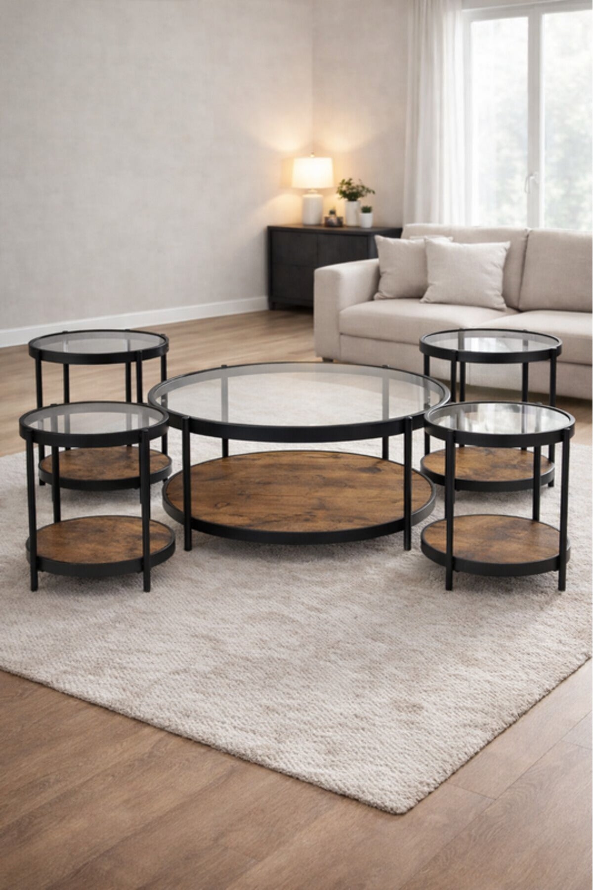Brown A 1+4 Coffee Table Set √ê Elegant Glass and Wood Design with 1 Large and 4 Side Tables