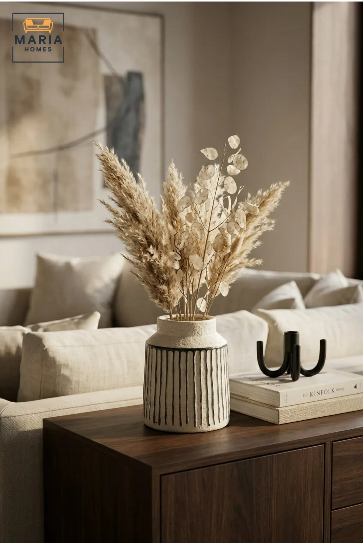 Cream and Black Striped Decorative Vase, Modern Ceramic Flower Holder with Wide Opening for Living Room, Bedroom, Office, Shelf and Table Décor