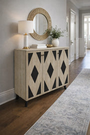 Modern 3-Door Shoe Cabinet Beige Wood Black Diamond Pattern Geometric Entryway Organizer Stand