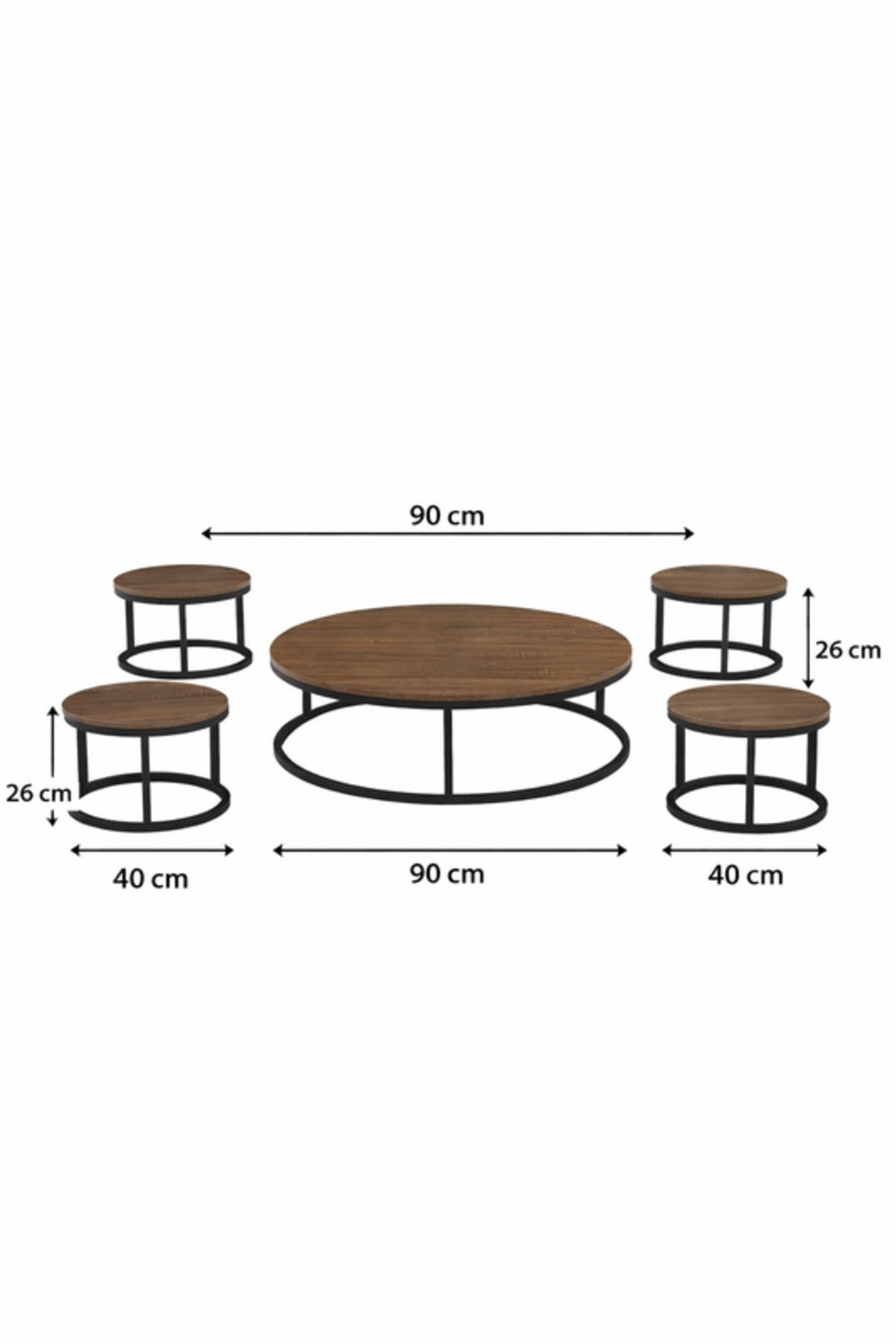 Modern Round Coffee Table Set 1+4 √ê Wood Top with Black Metal Frame
