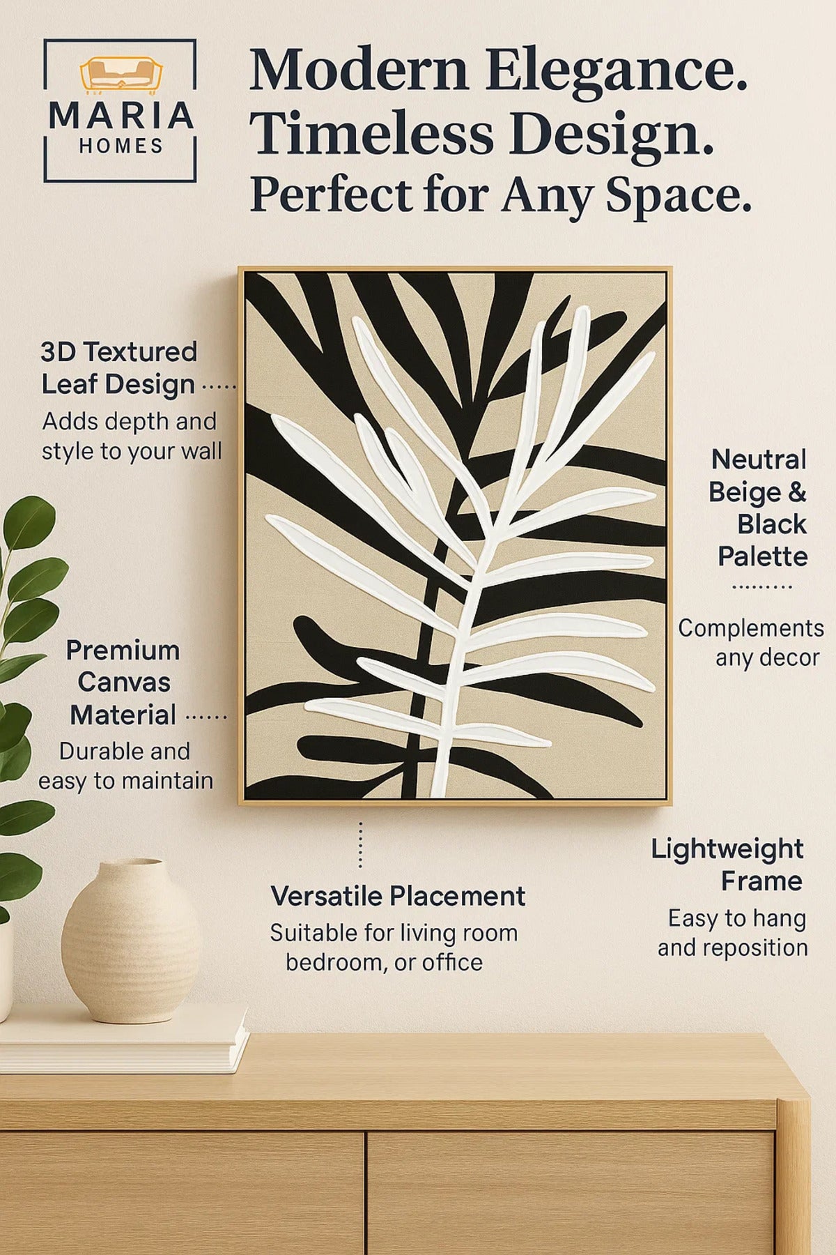 Textured Botanical Wall Art with Black and White Leaf Design-size80*120 CM
