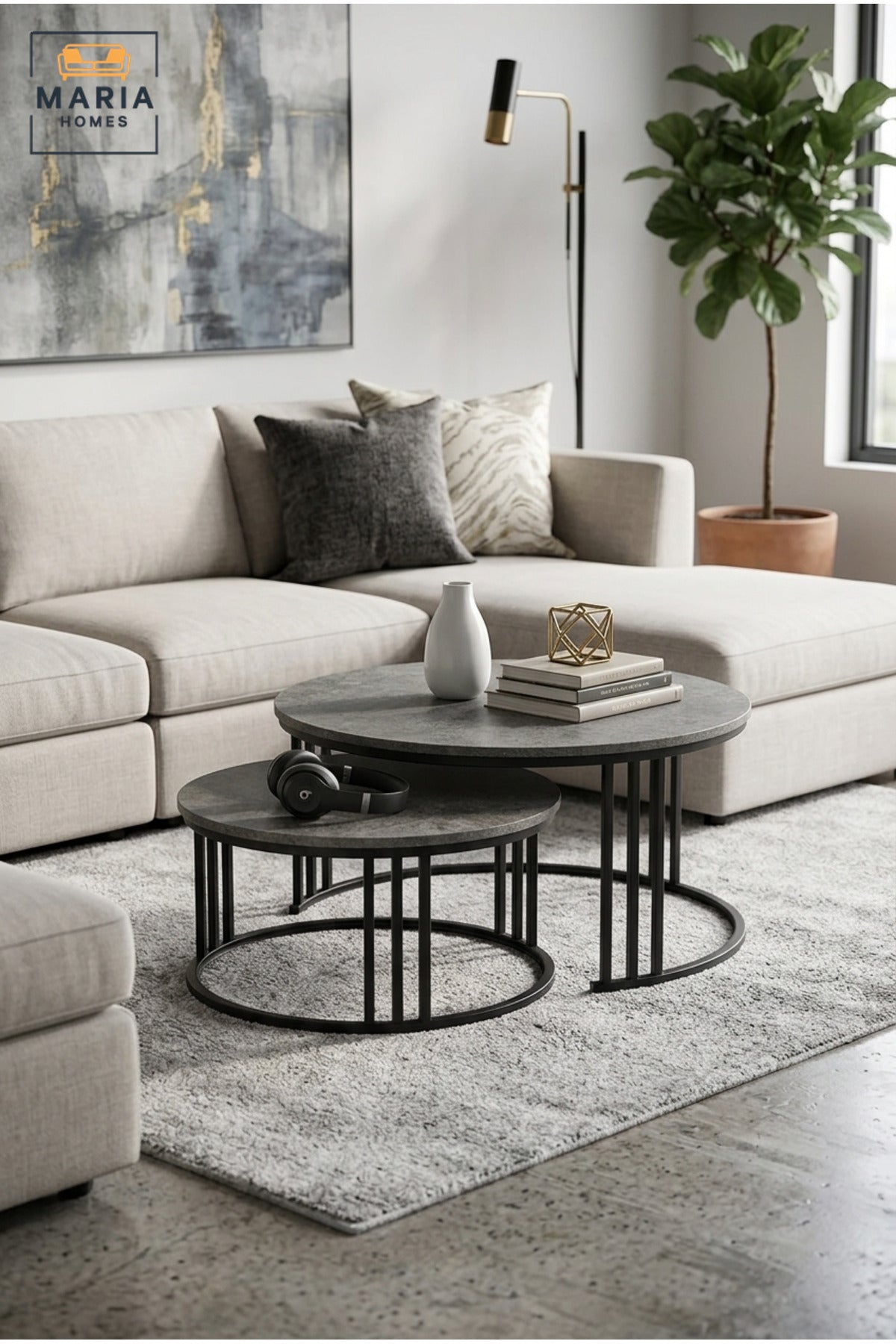 Modern Nesting Coffee Table Set with Round Stone-Effect Tops and Open Metal Frames, Space-Saving Center Tables for Living Room, Lounge and Office