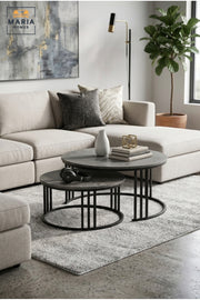Modern Nesting Coffee Table Set with Round Stone-Effect Tops and Open Metal Frames, Space-Saving Center Tables for Living Room, Lounge and Office