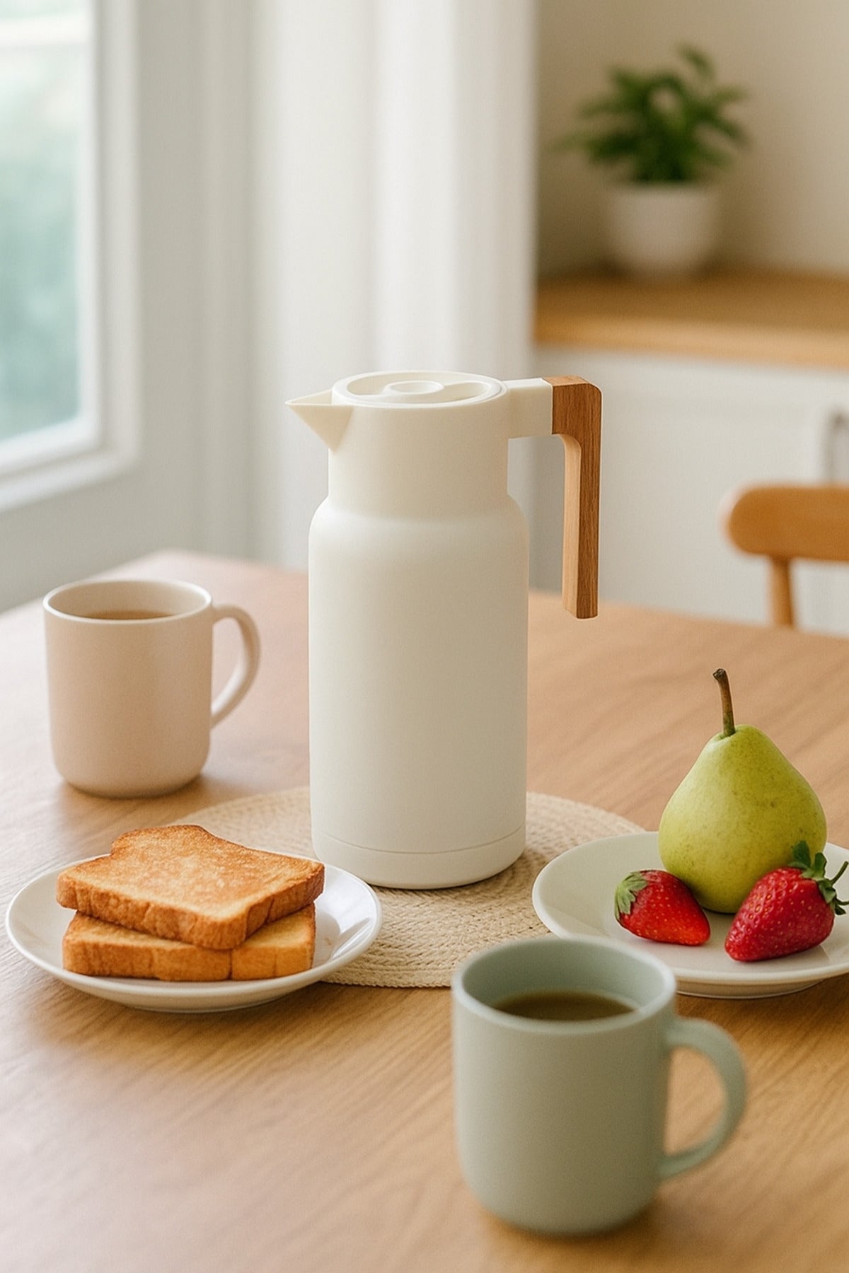 White Thermal Flask with Wooden Handle √ê Modern Insulated Coffee and Tea Jug