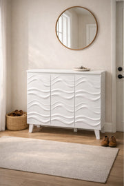 White Shoe Storage Cabinet with Wave Design Doors 115_34_95 cm Modern Organizer white