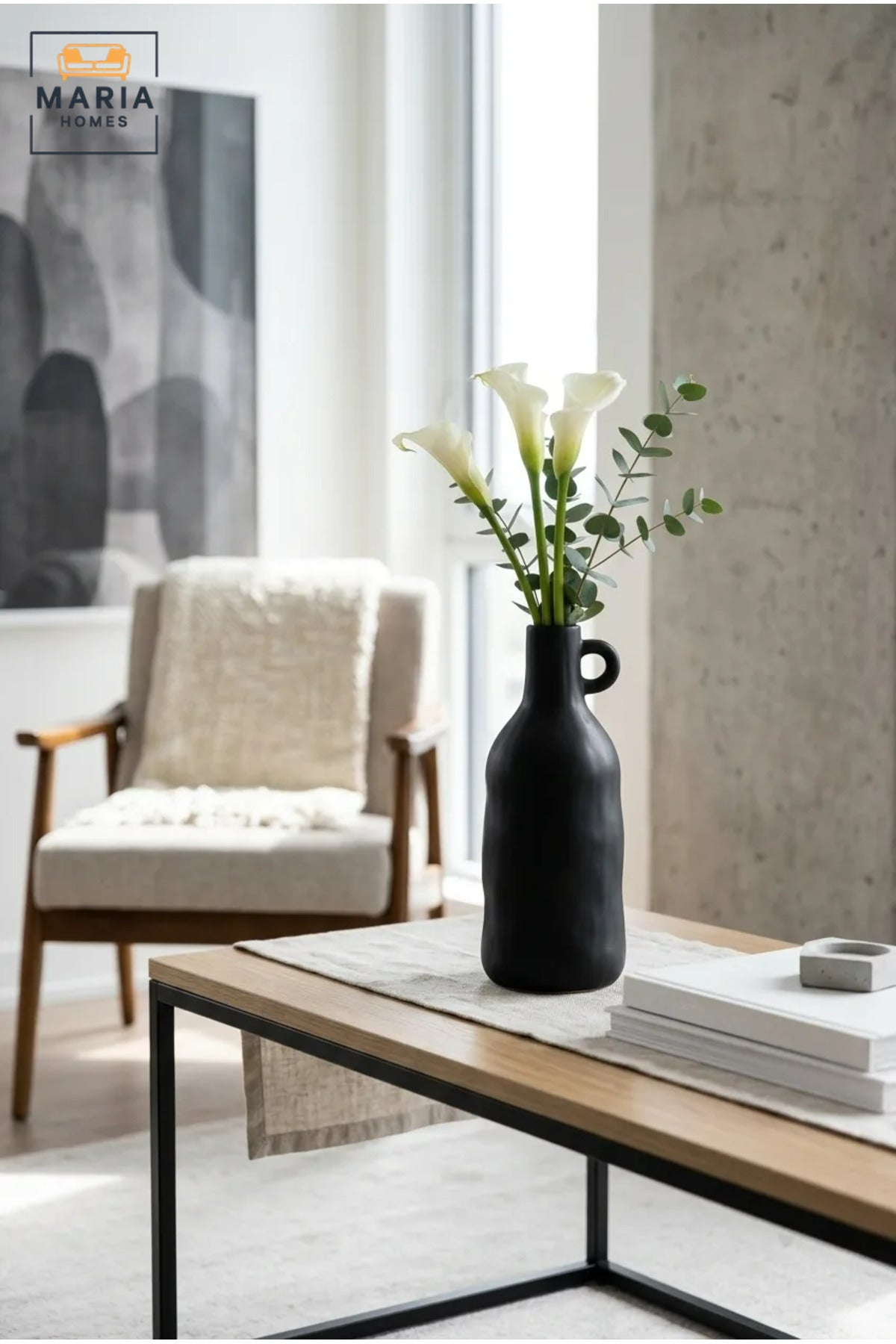 Modern Tall Decorative Flower Vase with Small Handle, Narrow Neck and Sculptural Bottle Shape for Living Room, Bedroom, Office and Console Décor