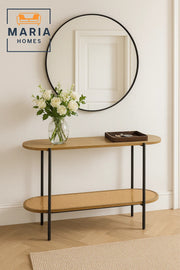 Oval Console Table with Wood Top and Rattan Shelf Ð Black Frame