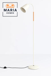Minimalist White Floor Lamp with Curved Neck and Wooden Accent