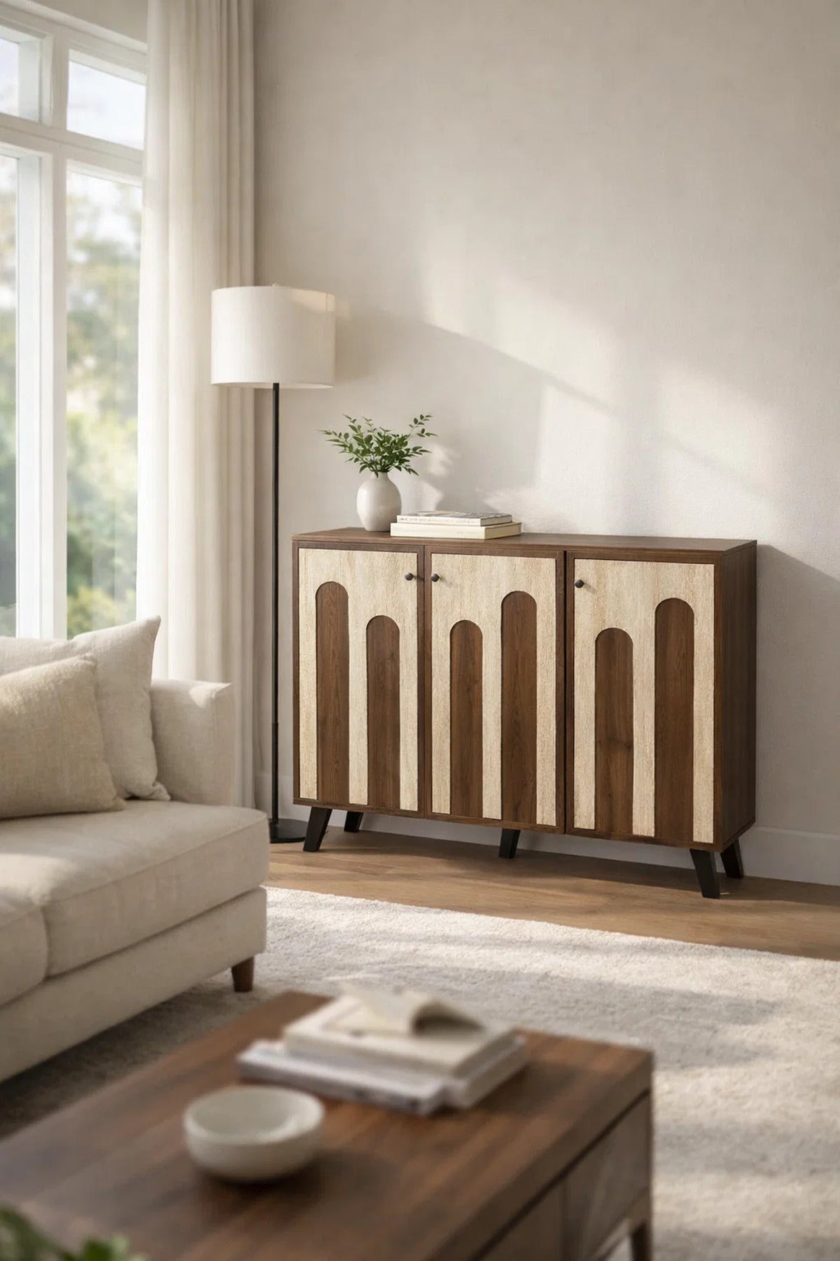 Dark Brown and Beige Shoe Cabinet with Decorative Panel Design 120 x 32 x 93 cm