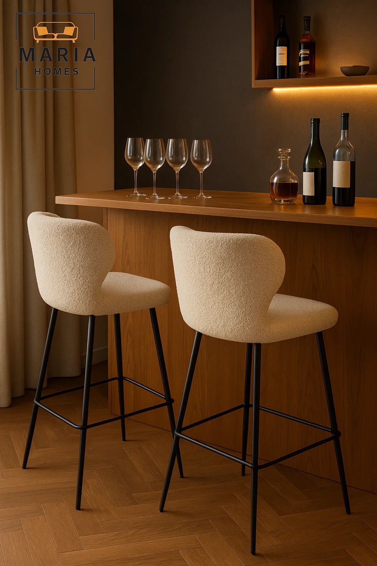 4 PCS Beige Fabric Bar Stool with Black Metal Legs Modern Design
