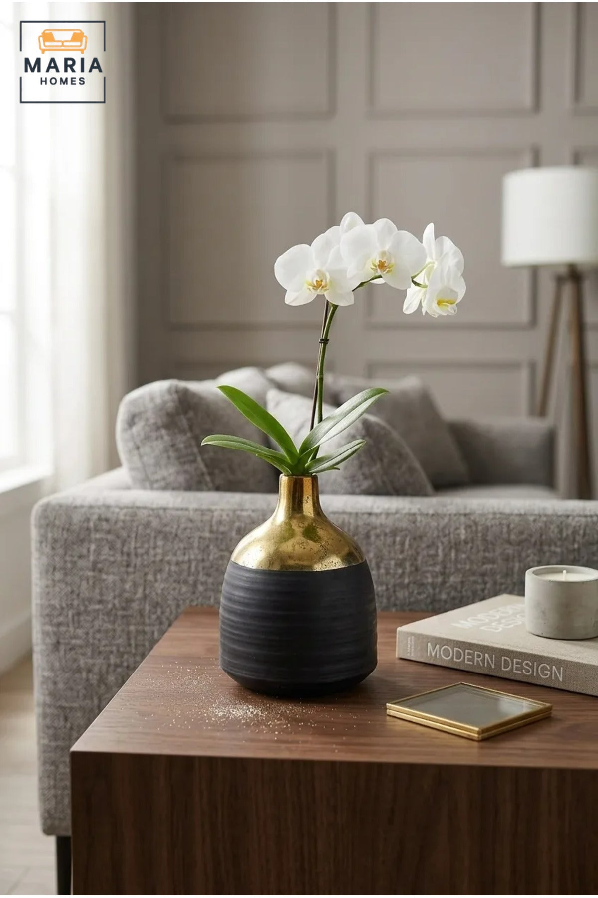 Modern Decorative Flower Vase with Gold-Tone Neck, Textured Rounded Body and Narrow Opening for Living Room, Bedroom, Office and Console Décor