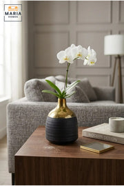 Modern Decorative Flower Vase with Gold-Tone Neck, Textured Rounded Body and Narrow Opening for Living Room, Bedroom, Office and Console Décor