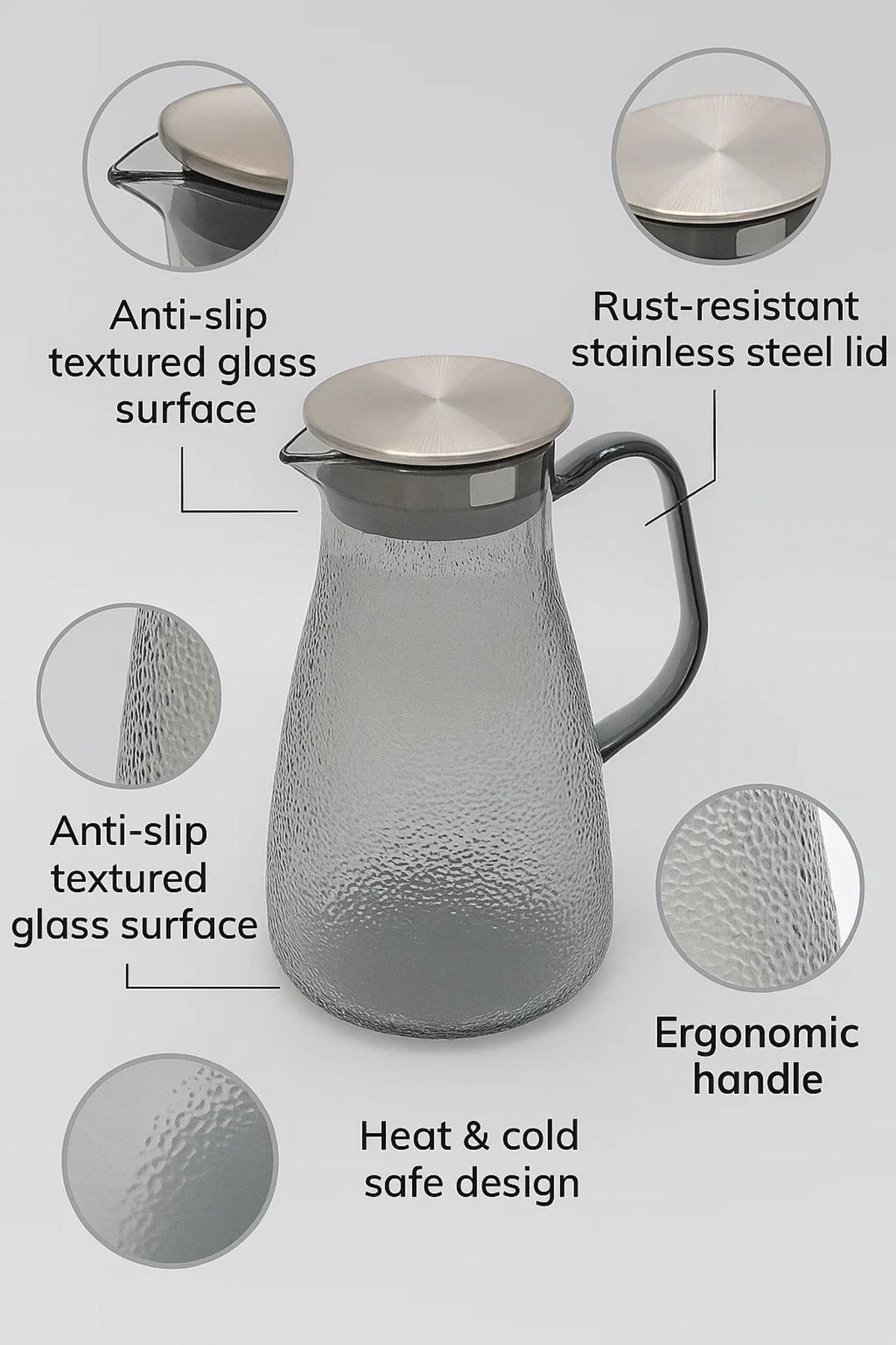 Textured Smoke Gray Glass Water Pitcher with Stainless Steel Lid Ð 1.3 Liter