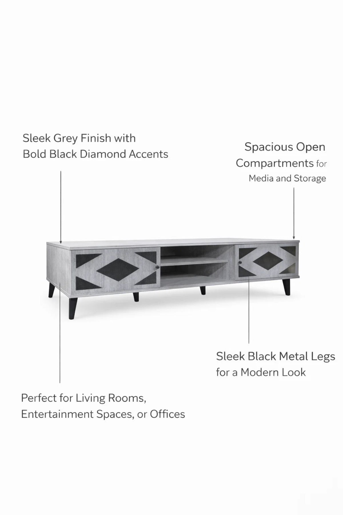 Stylish 180cm TV Table Media Stand with Geometric Pattern Doors and Open Storage for Living Room Art