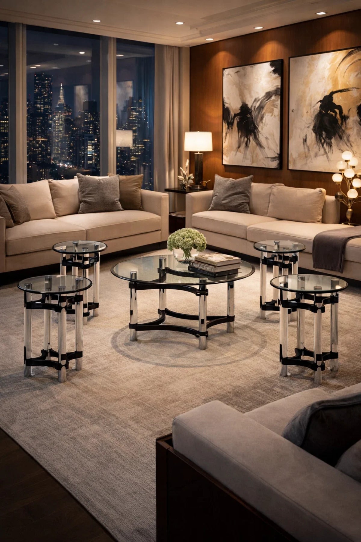 5-Piece Glass Coffee Table Set with Black Acrylic and Chrome Base √ê Modern Design for Living Room