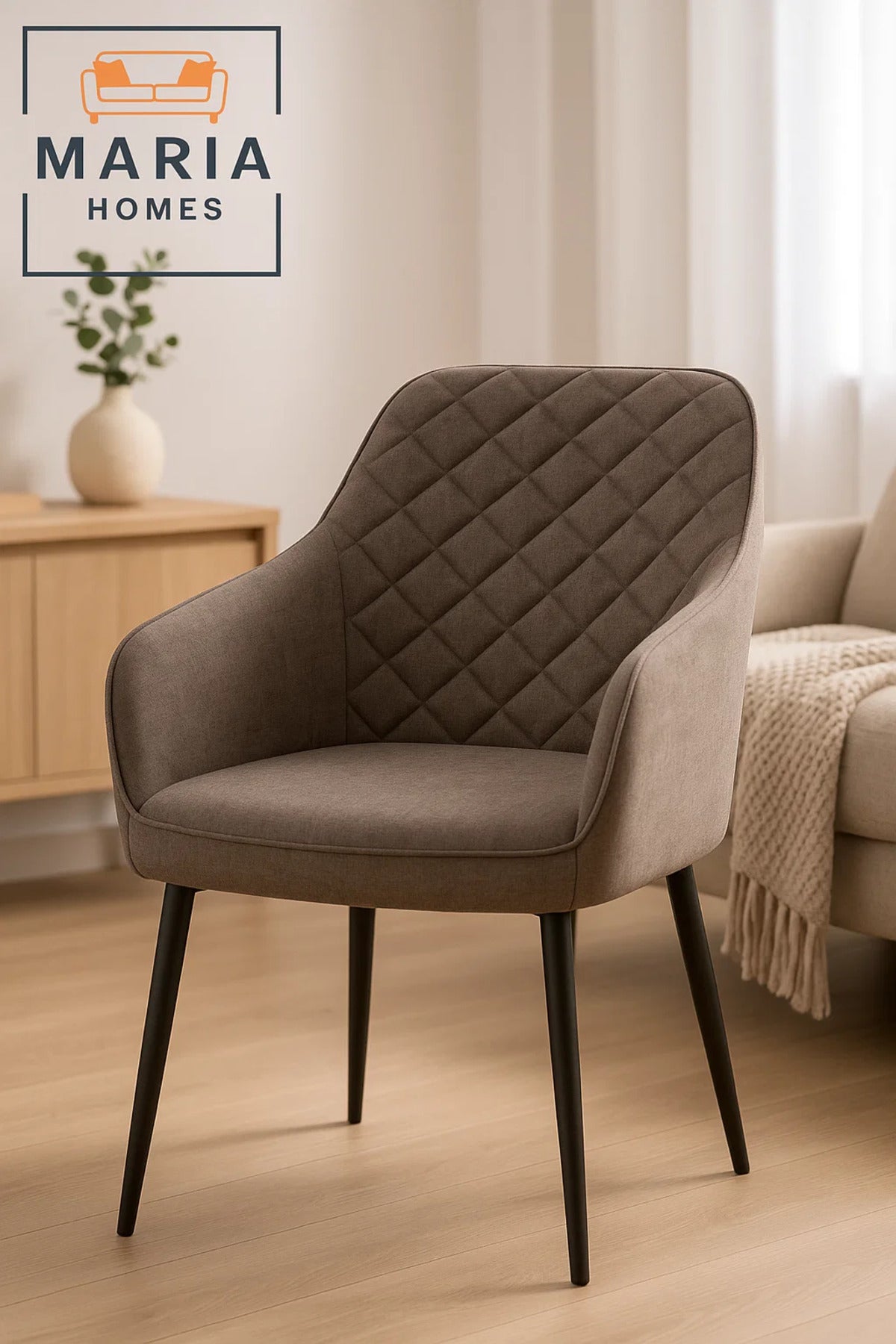 Dark Brown Quilted Fabric Armchair Ð Upholstered Lounge Chair with Black Legs for Home or Office Use