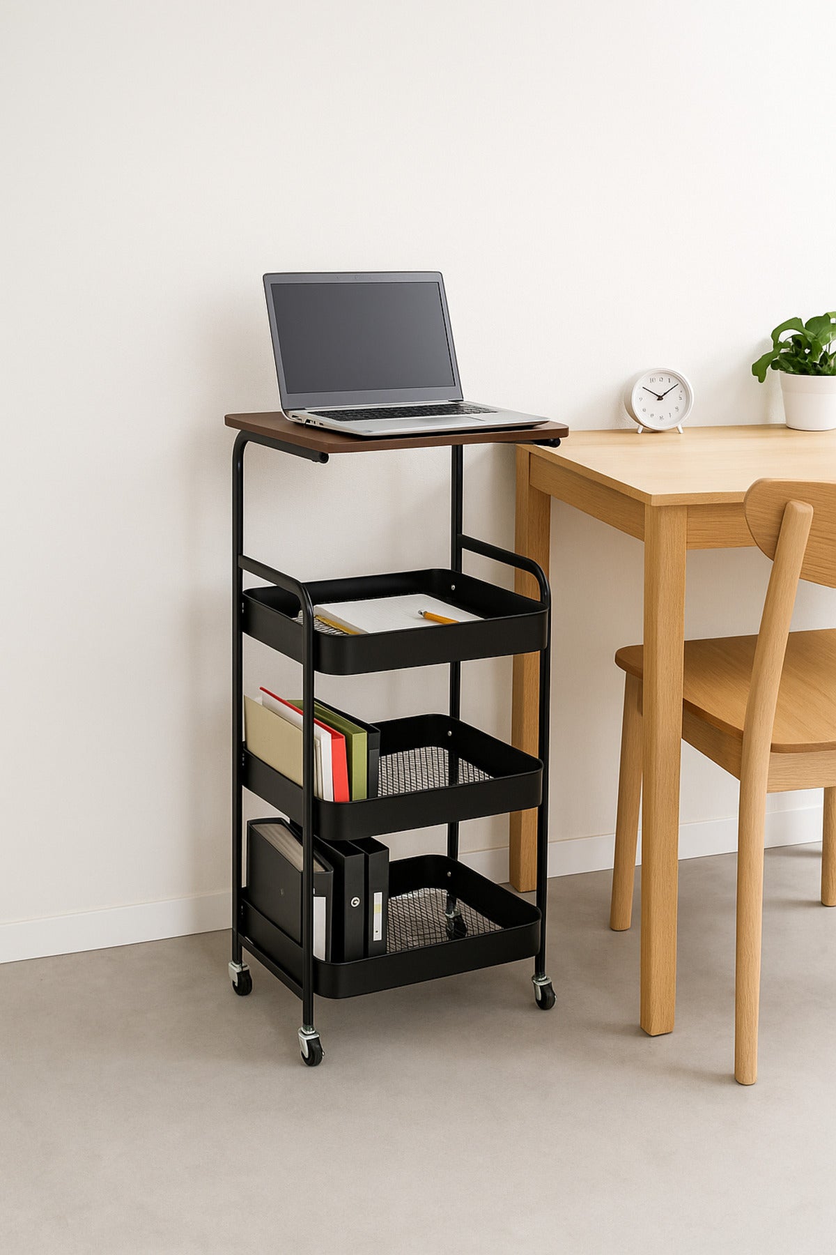 3-Tier Black Metal Storage Trolley with Wooden Top Ð Multi-Purpose Rolling Organizer Cart
