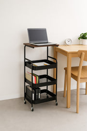 3-Tier Black Metal Storage Trolley with Wooden Top Ð Multi-Purpose Rolling Organizer Cart