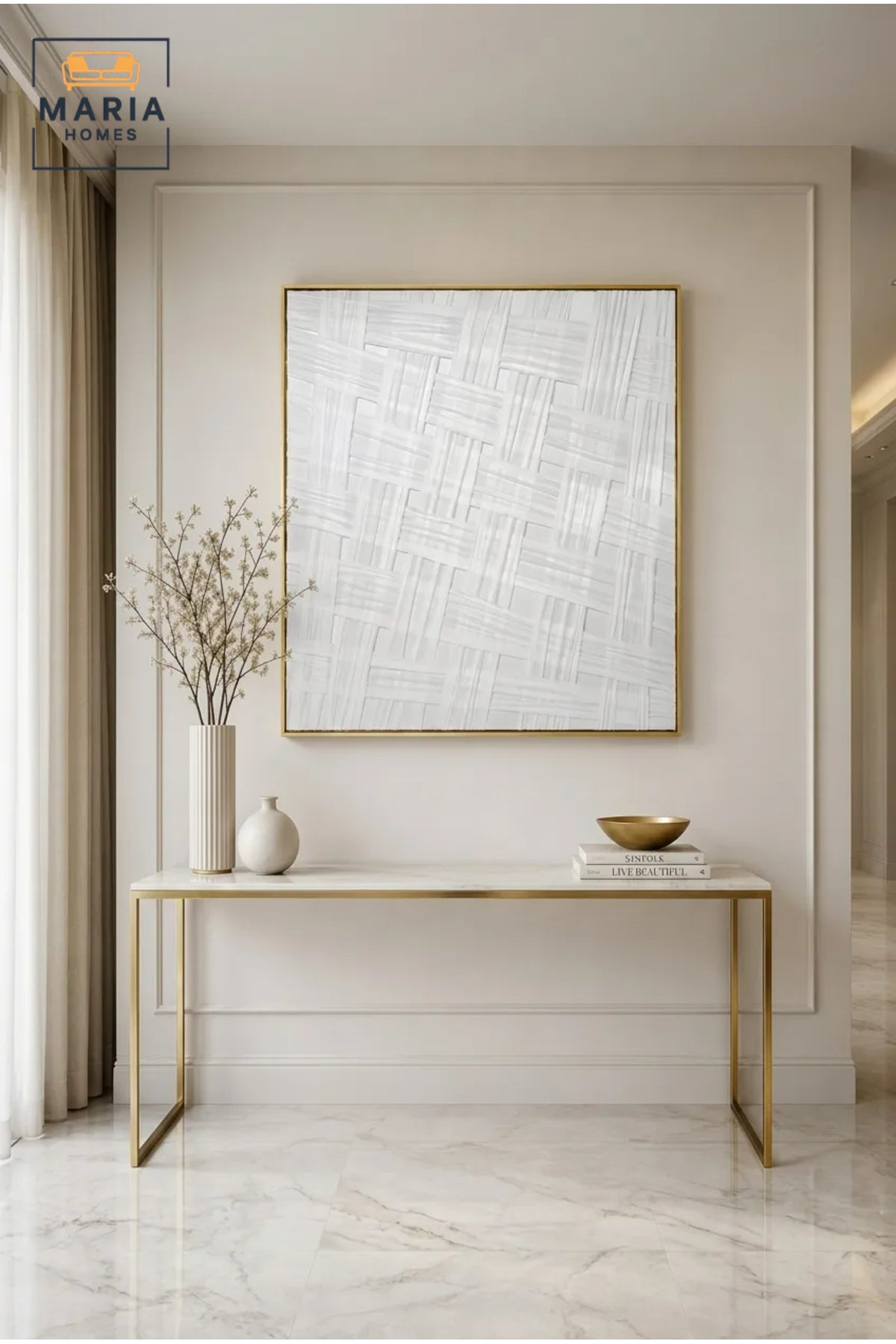 White Woven Texture Abstract Wall Art with Gold Frame – Modern Minimalist Decorative Panel