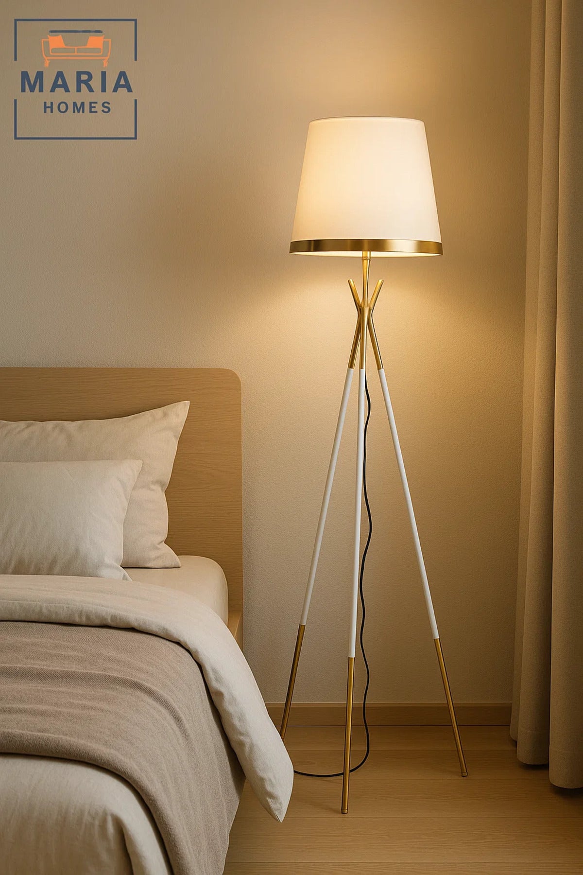 Elegant White and Gold Tripod Floor Lamp